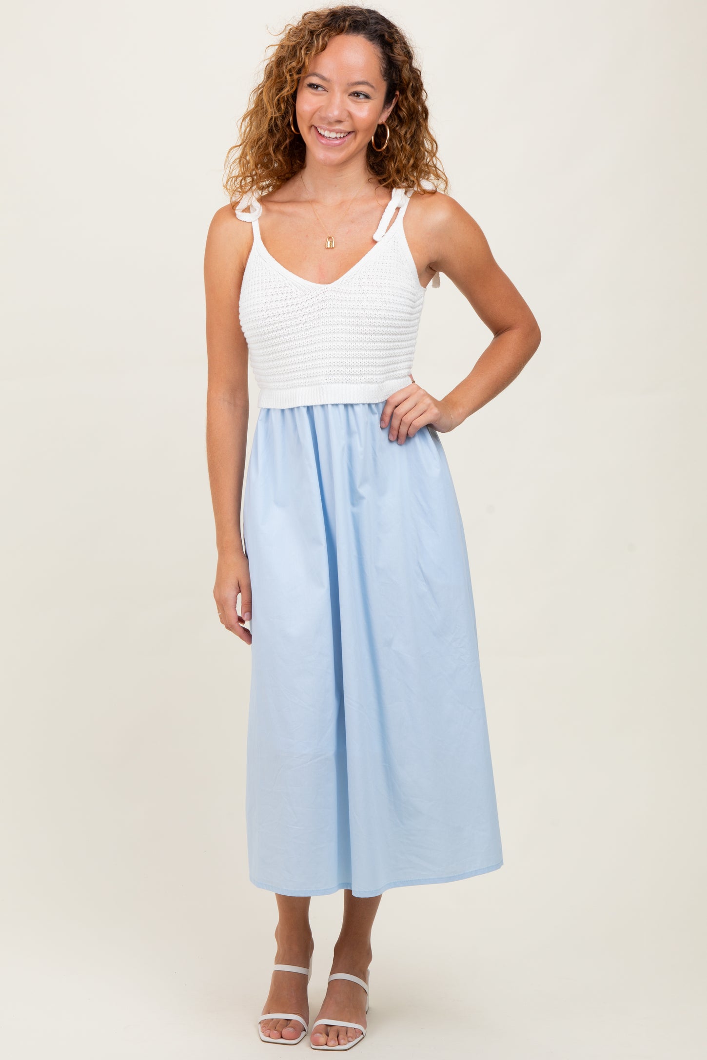 Light Blue Contrast Knit Bodice Midi Dress