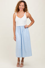Light Blue Contrast Knit Bodice Midi Dress