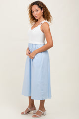 Light Blue Contrast Knit Bodice Midi Dress