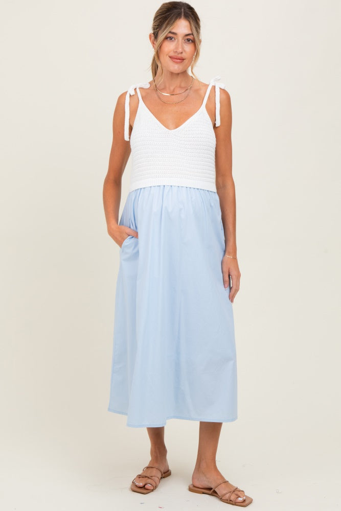 Light Blue Contrast Knit Bodice Maternity Midi Dress