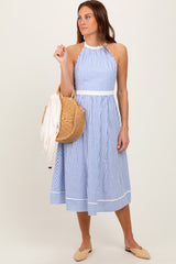 Blue Striped Halter Maternity Tie Back Cutout Midi Dress