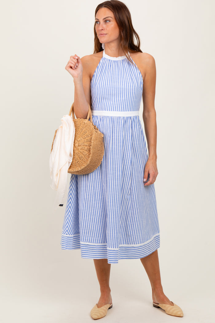 Blue Striped Halter Maternity Tie Back Cutout Maternity Midi Dress