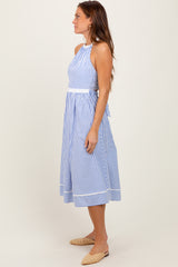 Blue Striped Halter Maternity Tie Back Cutout Midi Dress