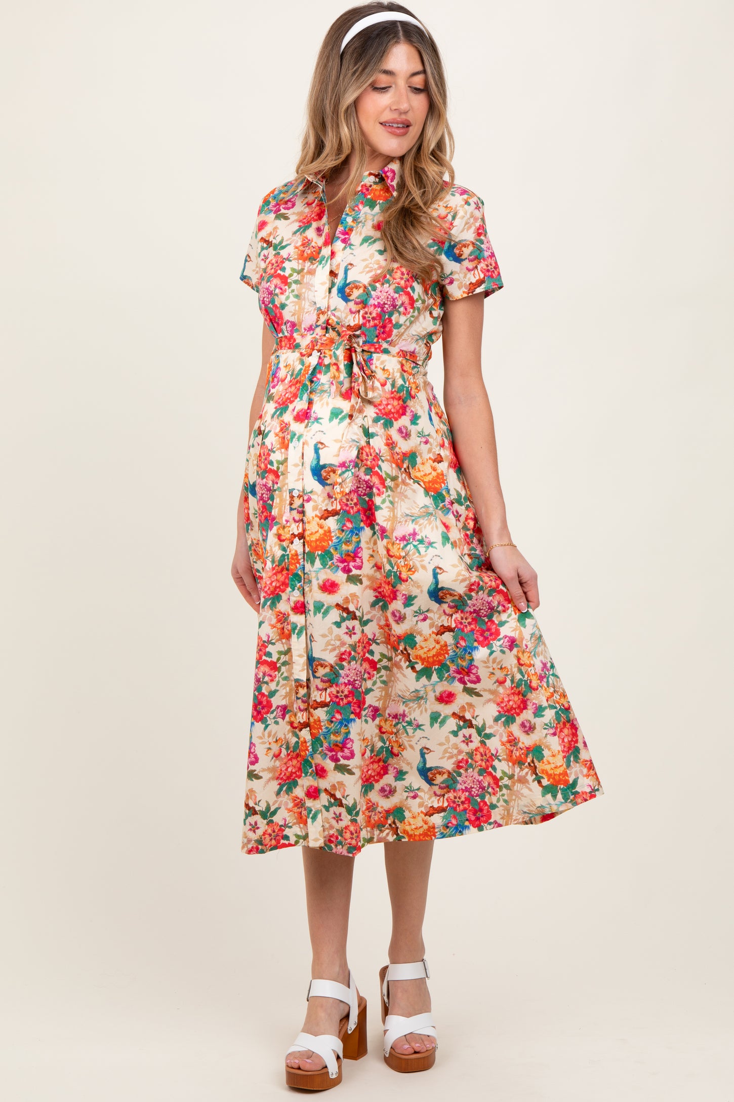 Cream Floral Button Down Maternity Midi Shirt Dress