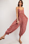 Rust Leaf Print Sleeveless Barrel Leg Jumpsuit