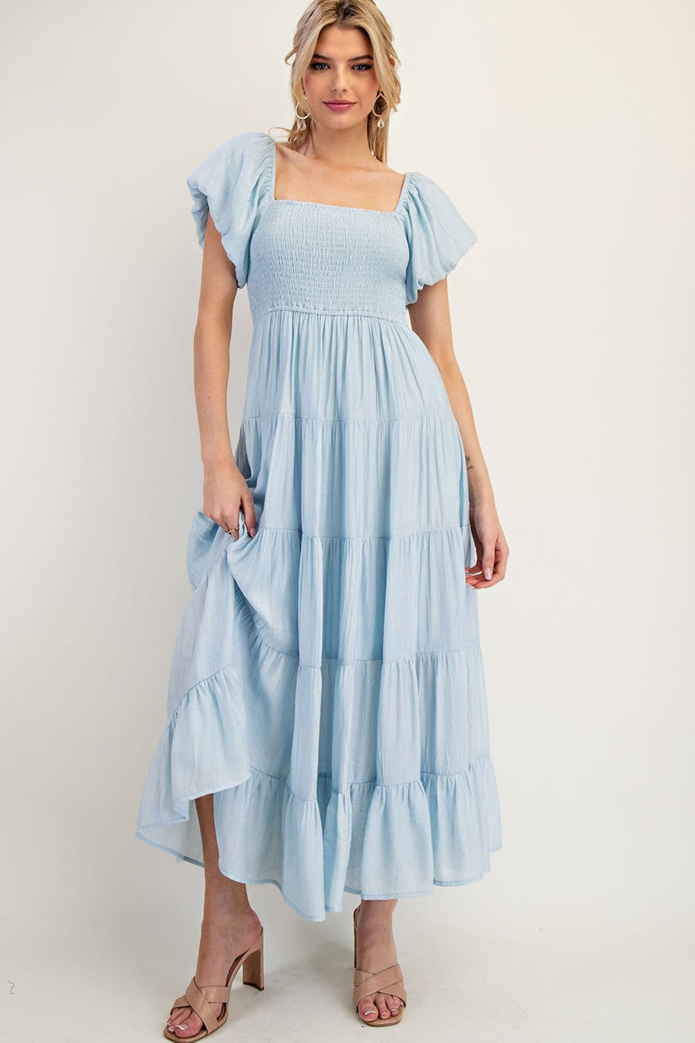 Light Blue Smocked Puff Sleeve Tiered Maternity Maxi Dress