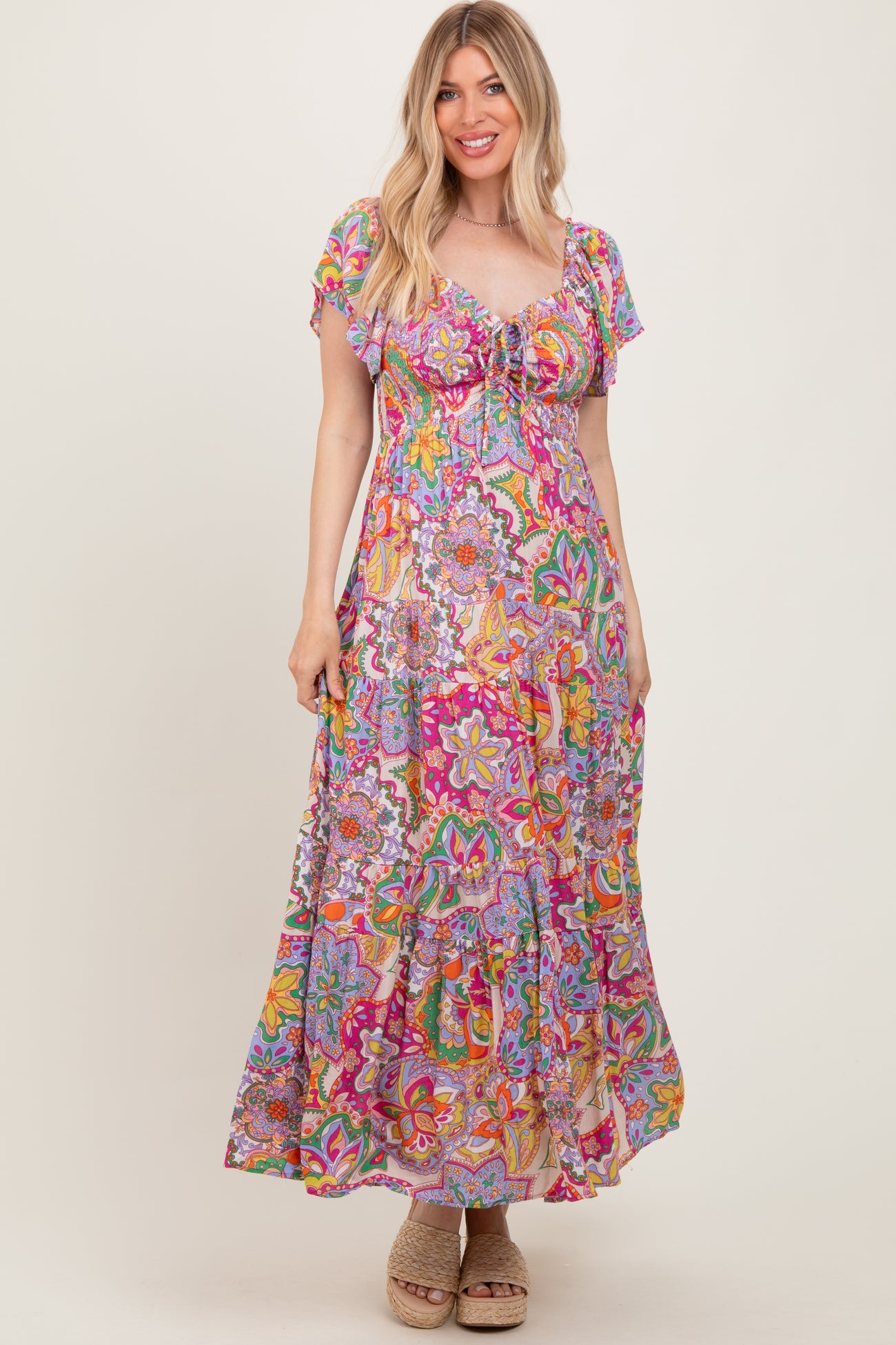 Lavender Floral Paisley Smocked Tiered Maxi Dress