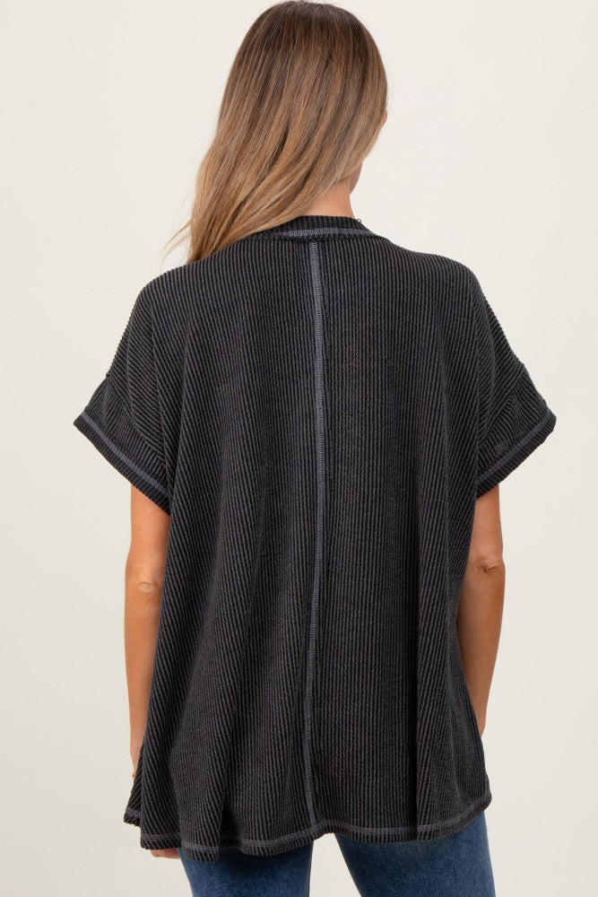 Charcoal Striped Ribbed V-Neck Oversized Short Sleeve Maternity Top