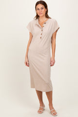 Beige Solid Ribbed Short Sleeve Button Down Knit Midi Dress