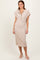 Beige Solid Ribbed Short Sleeve Button Down Knit Midi Dress