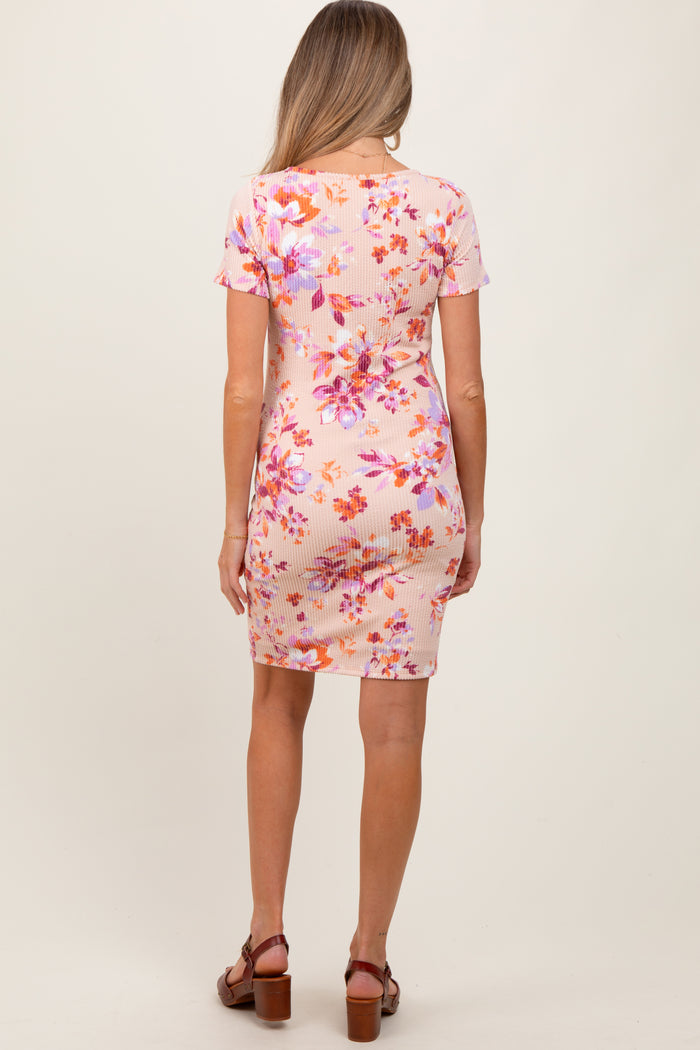 Peach Floral Short Sleeve Ruched Maternity Dress