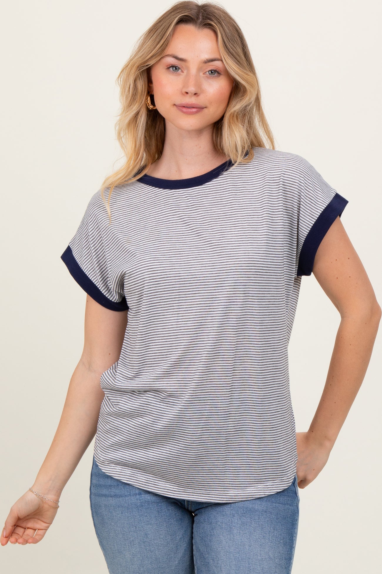 Black Pinstripe Contrast Trim Short Sleeve Maternity Tee