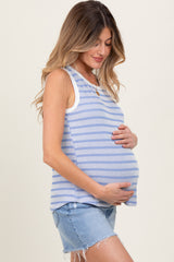 Blue Textured Striped Sleeveless Maternity Top