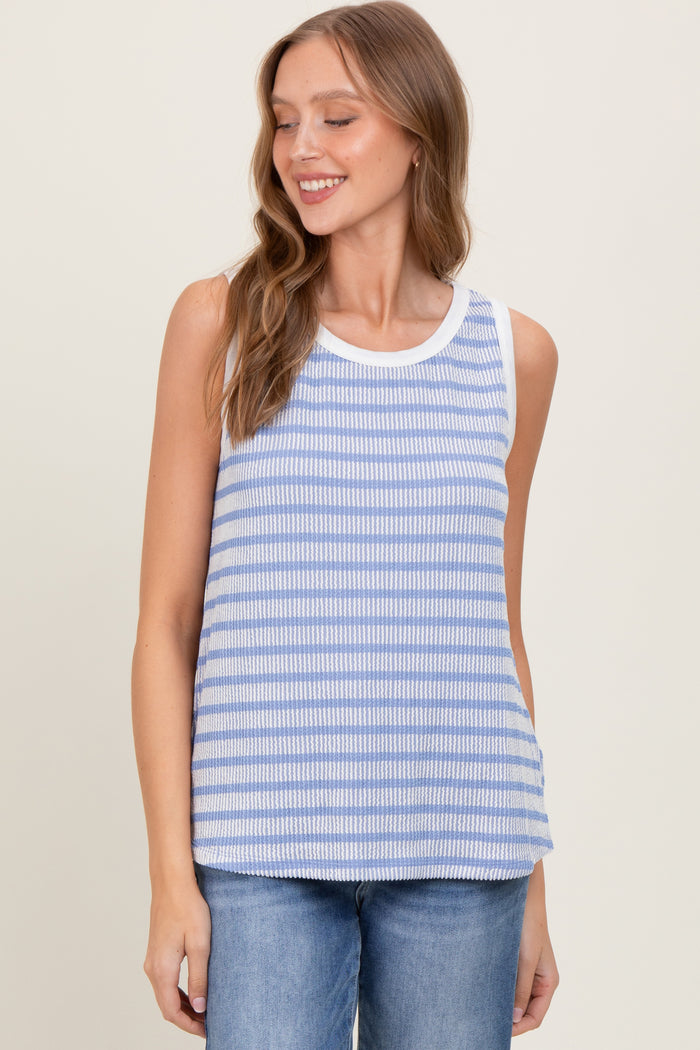 Blue Textured Striped Sleeveless Top