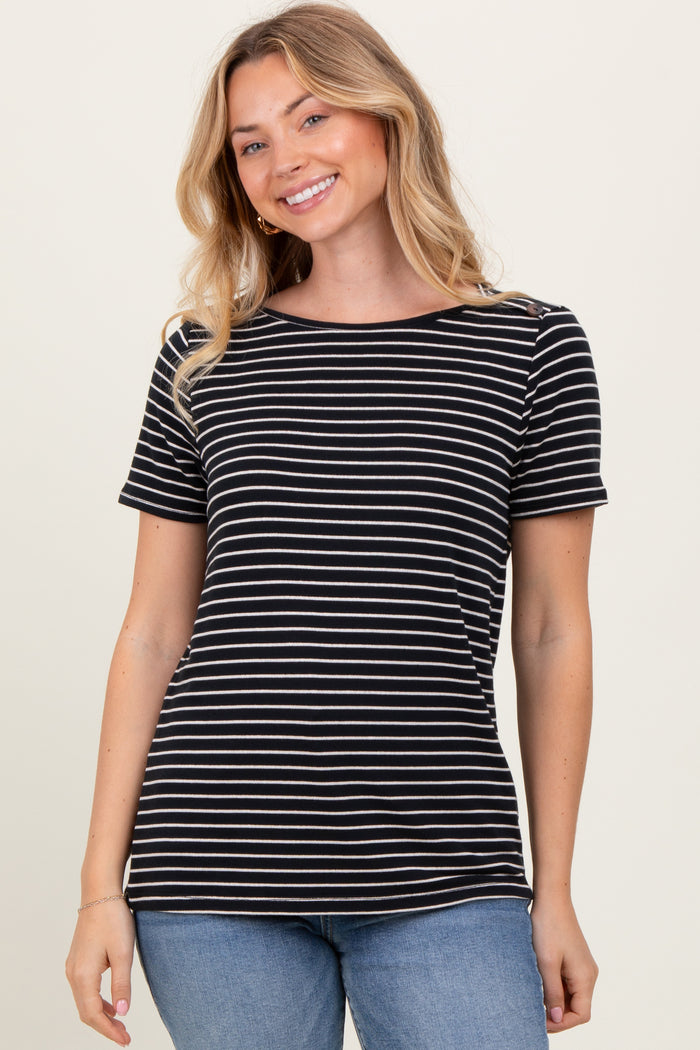 Black Pinstripe Shoulder Button Detail Maternity Top