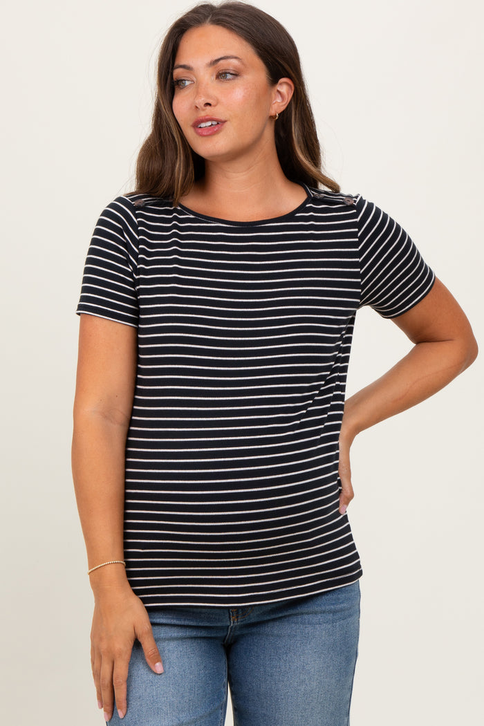 Black Pinstripe Shoulder Button Detail Maternity Top