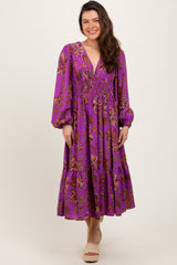 Plum Floral Smocked Waist Long Sleeve Midi Dress