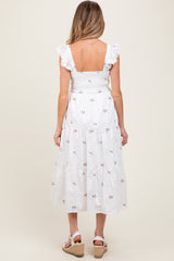 White Floral Embroidered Tiered Maternity Midi Dress