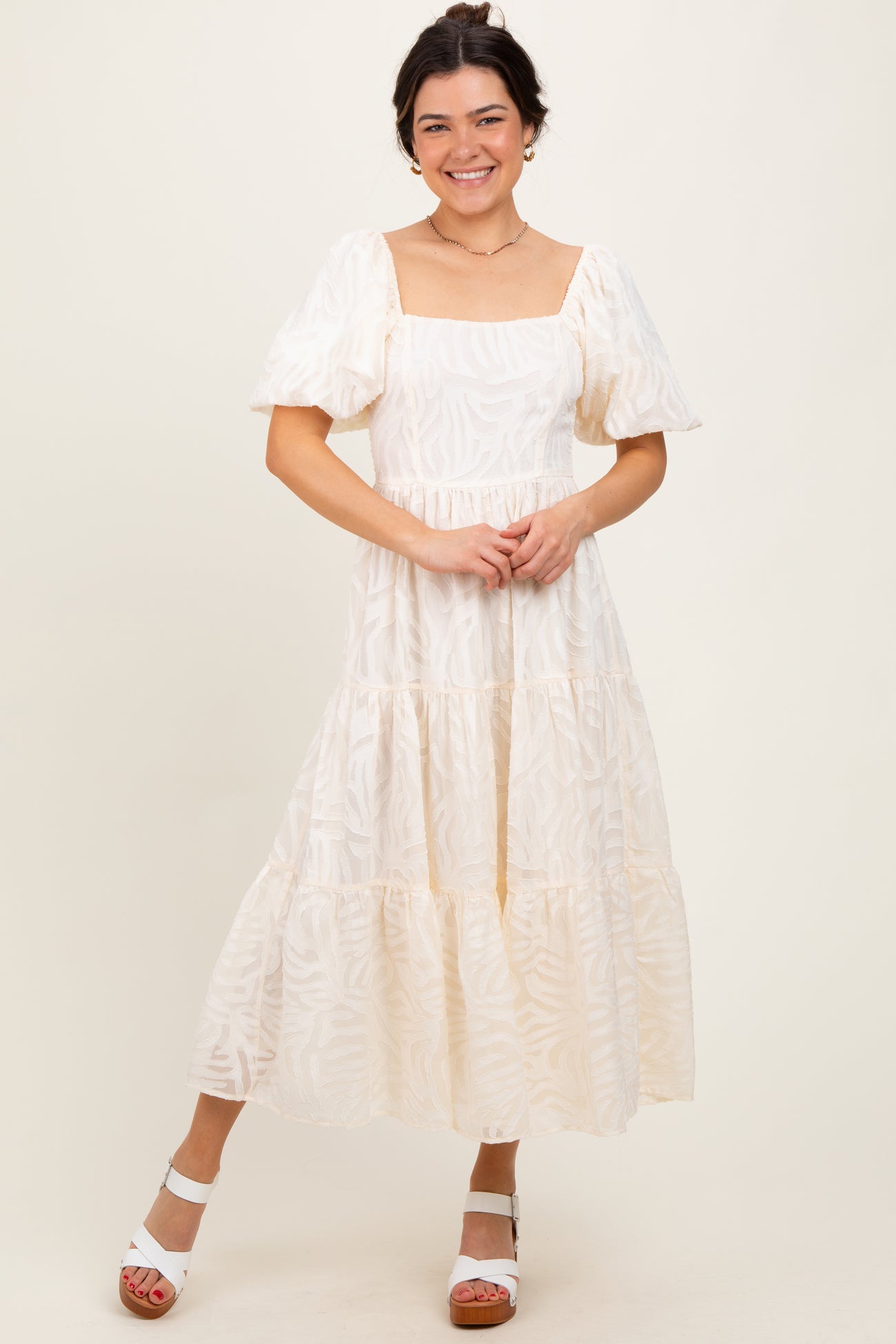 Cream Jacquard Puff Sleeve Tiered Maternity Midi Dress