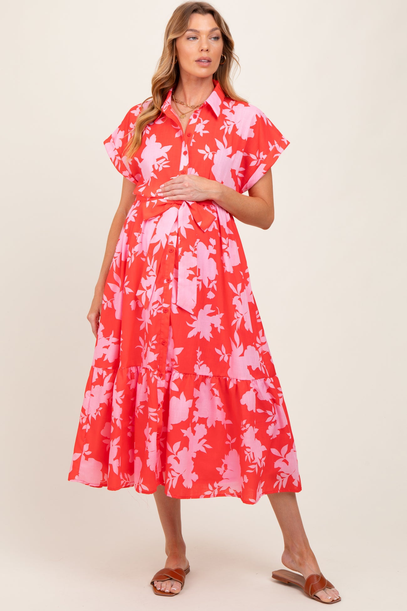 Red Floral Button Down Maternity Shirt Dress