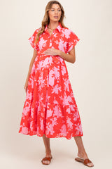 Red Floral Button Down Maternity Shirt Dress