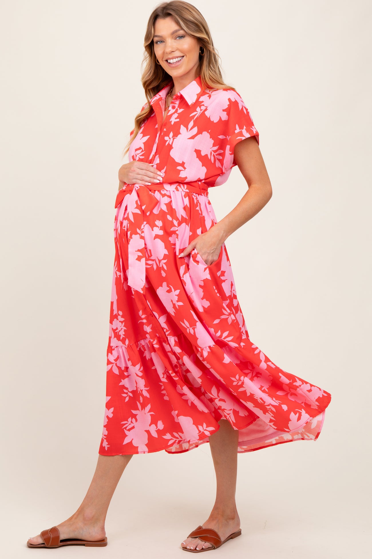 Red Floral Button Down Maternity Shirt Dress