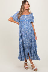 Navy Floral Button Front Maternity Midi Dress