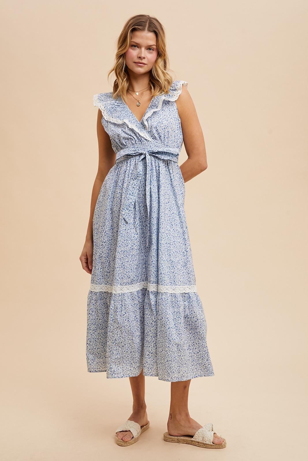 Light Blue Ruffled Floral Cotton Maxi Dress