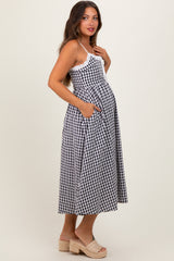 Black Gingham Smocked Trim Maternity Midi Dress