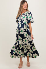 Navy Notched Collar Floral Button Down Maternity Maxi Dress