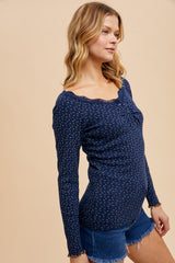 Navy Lace Trim Floral Fitted Top