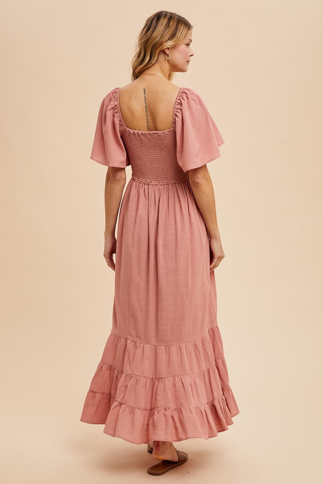 Mauve Smocked Cotton Flutter Sleeve Maxi Dress