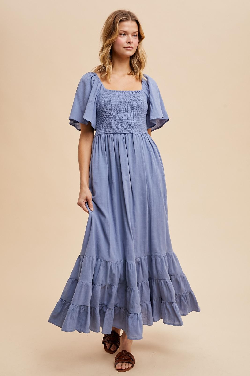Blue Smocked Cotton Flutter Sleeve Maxi Dress