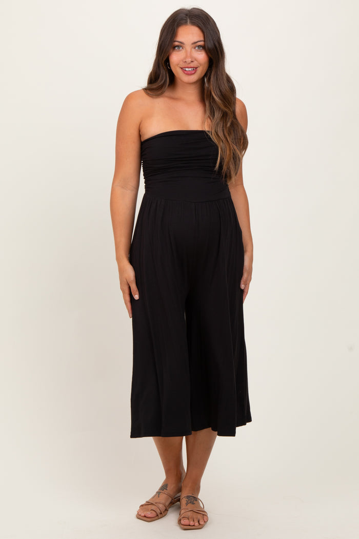 Black Double Layered Strapless Tube Top Maternity Jumpsuit