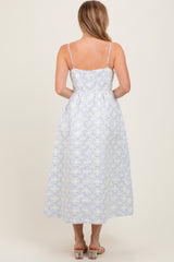 Blue Striped Floral Applique Midi Dress