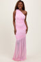Light Pink Ruched Mesh One Shoulder Maxi Dress