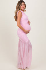Light Pink Ruched Mesh One Shoulder Maternity Maxi Dress