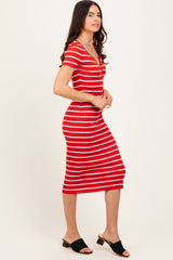 Red Striped Ribbed Henley Fitted Midi Dress