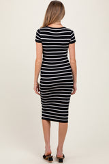 Black Striped Ribbed Henley Fitted Maternity Midi Dress