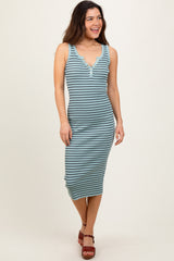 Mint Striped Sleeveless Fitted Maternity Midi Dress