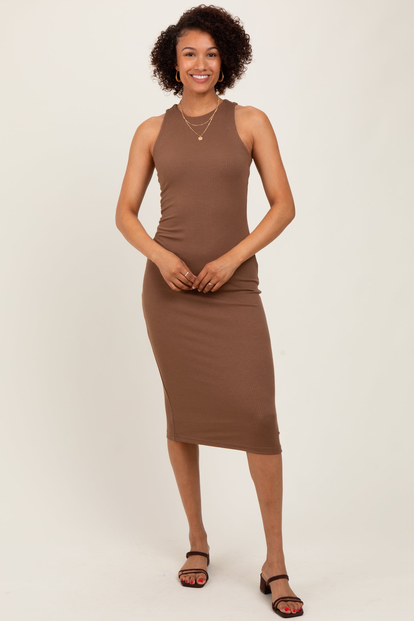 Brown Sleeveless Ribbed Knit Maternity Midi Dress