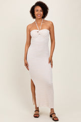 Beige Striped Halter Neck Fitted Maternity Maxi Dress