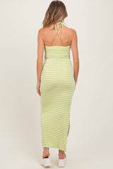 Lime Striped Halter Neck Fitted Maternity Maxi Dress