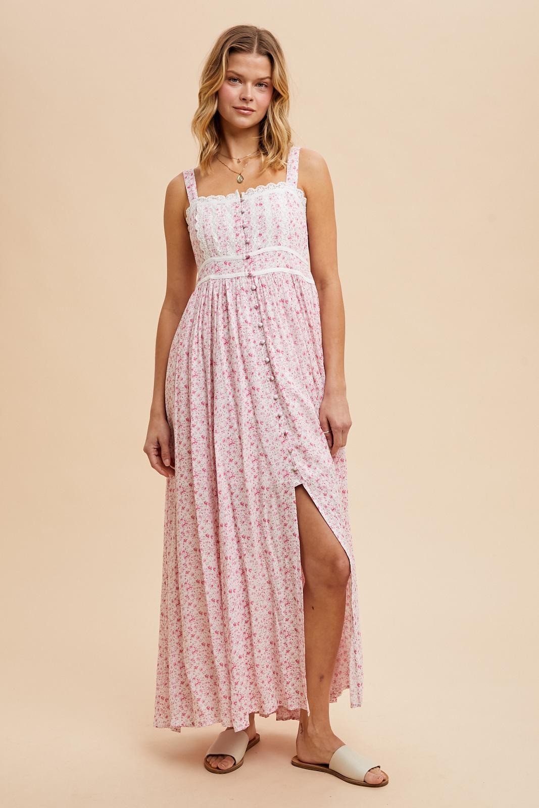 Pink Floral Button Down Sleeveless Maternity Maxi Dress