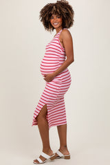 Pink Striped One Shoulder Side Slit Maternity Midi Dress