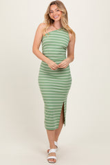 Light Olive Striped One Shoulder Side Slit Midi Dress