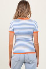 Blue Striped Knit Contrast Trim Maternity Top