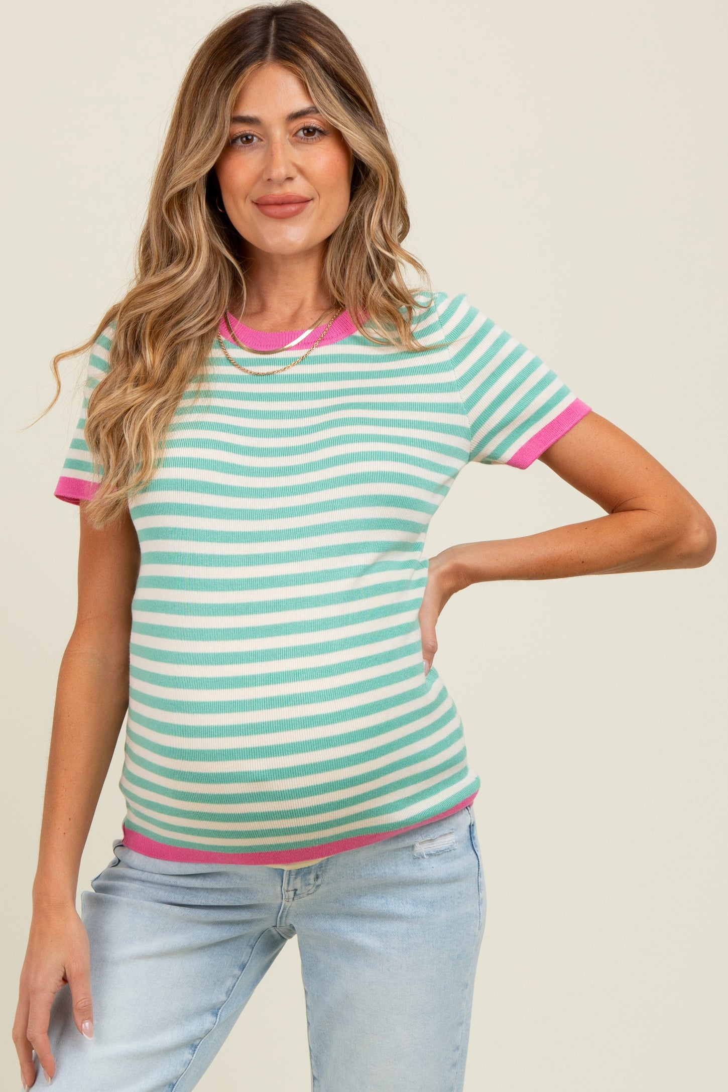 Mint Striped Knit Contrast Trim Maternity Top