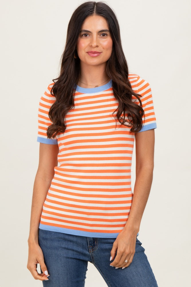 Orange Striped Knit Contrast Trim Top