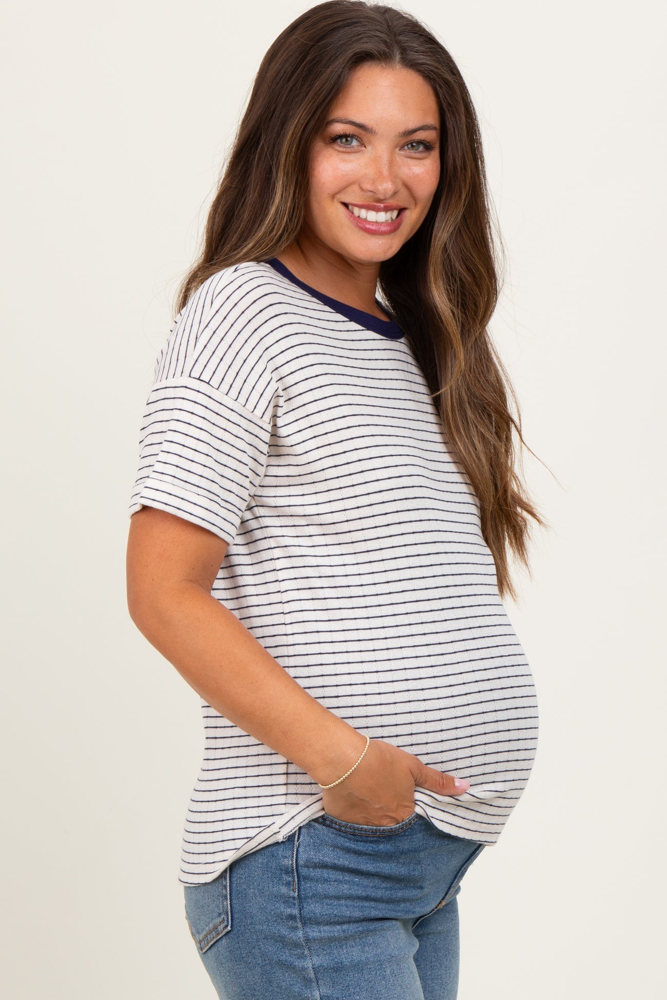 Navy Pointelle Knit Striped Maternity Top